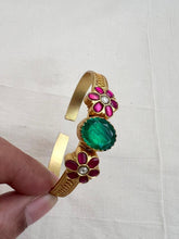 Gold polish kundan & ruby flower kada with emerald doublet-Silver Bracelet-CI-House of Taamara
